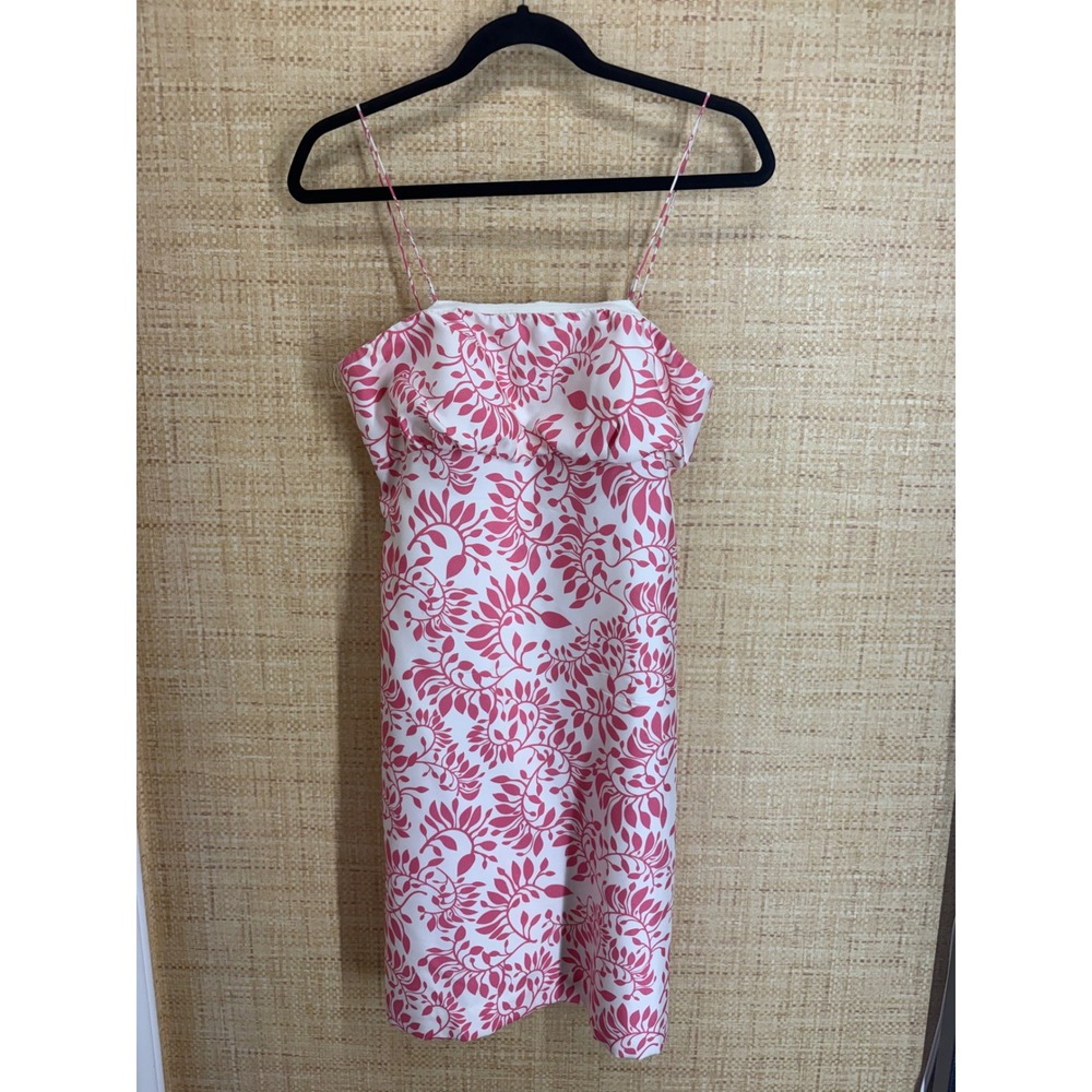 Vineyard Vines Silk Leaf Print Sheath Dress Womens 6 Pink White Spaghetti Strap